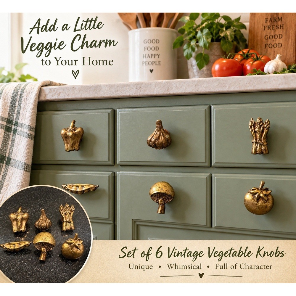 Vtg Vegetable Cabinet Knobs Pulls Set 6 Brass Tone Tomato Mushroom Pea Garlic